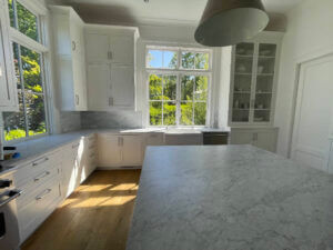 A large marble kitchen with